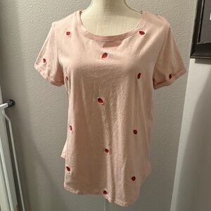 Pink tshirt with embroidered strawberries, size small